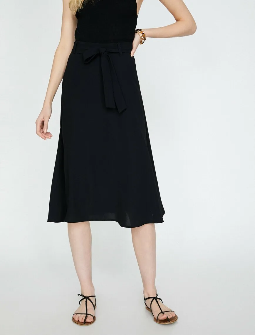 11917 Black Tie Waist Midi Skirt