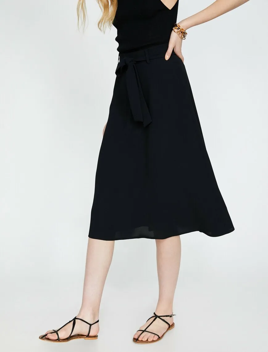 11917 Black Tie Waist Midi Skirt