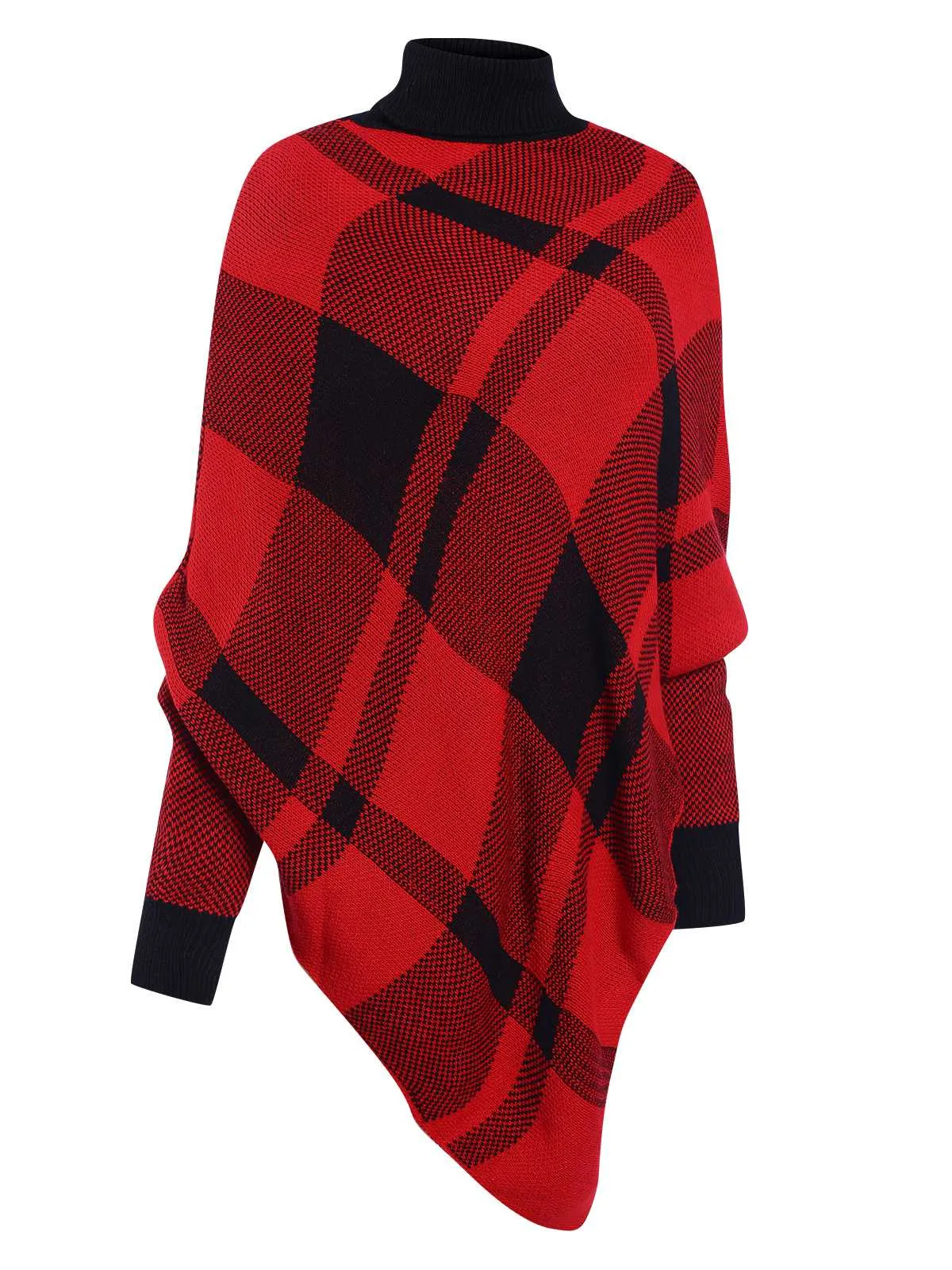 1950s Mock Neck Plaid Knit Poncho Sweater