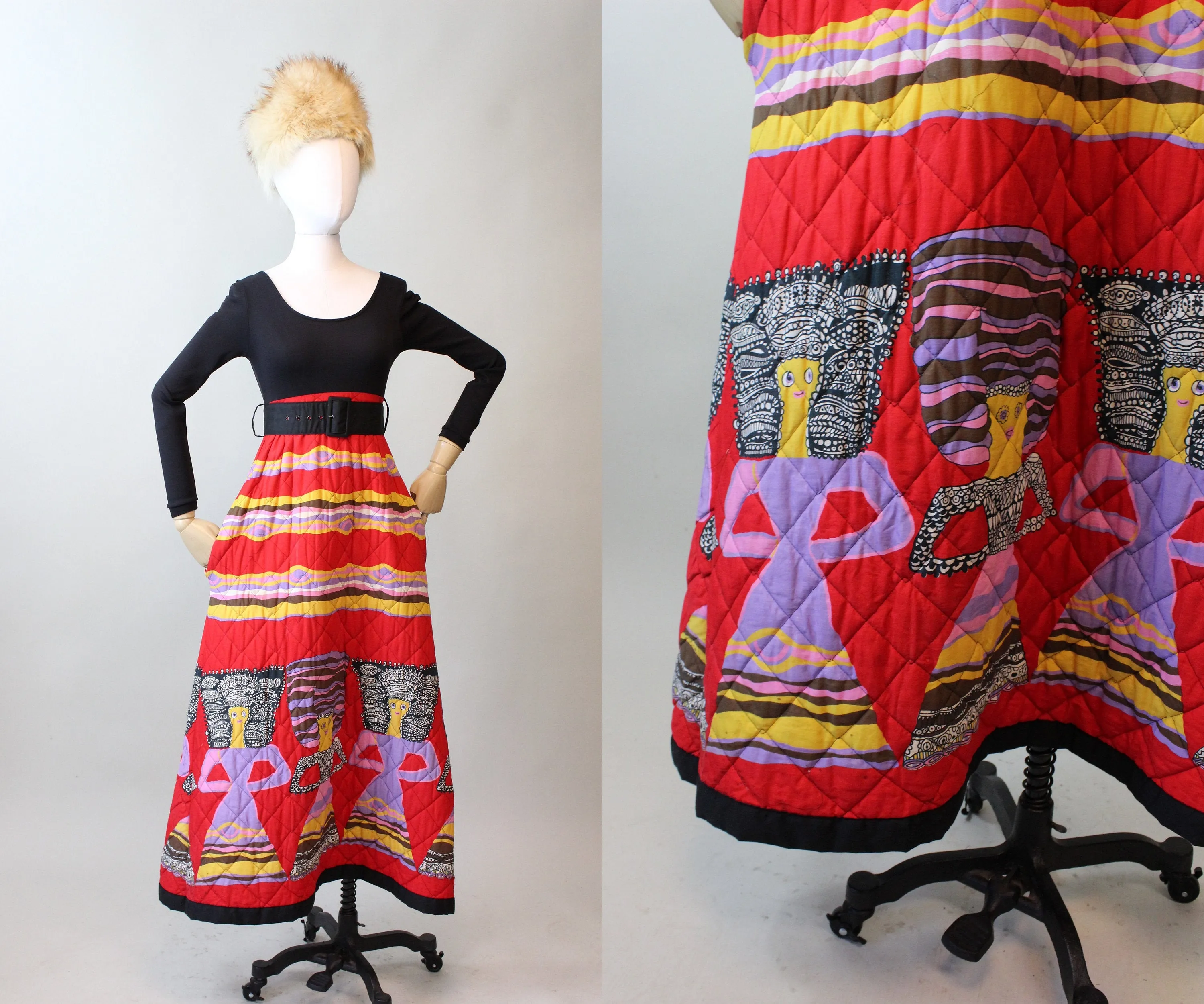 1970s QUILTED WOMEN novelty print maxi dress xs | new fall