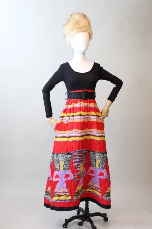 1970s QUILTED WOMEN novelty print maxi dress xs | new fall