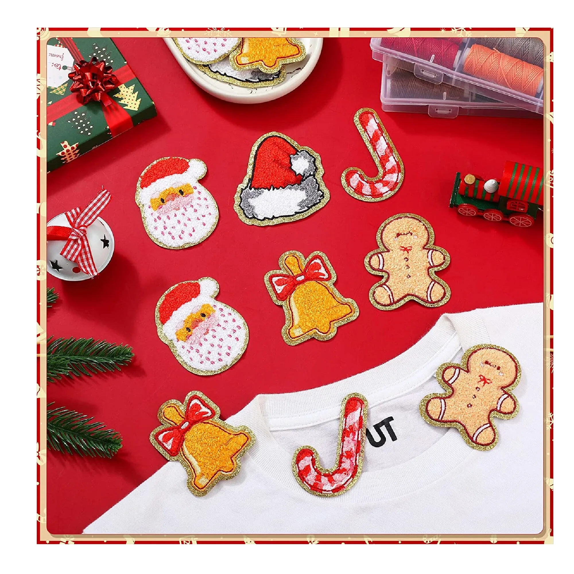 20 Christmas Santa Bell Iron On Patches | Candy Cane Cute Sew On Stickers | Washable Appliques For Crafts