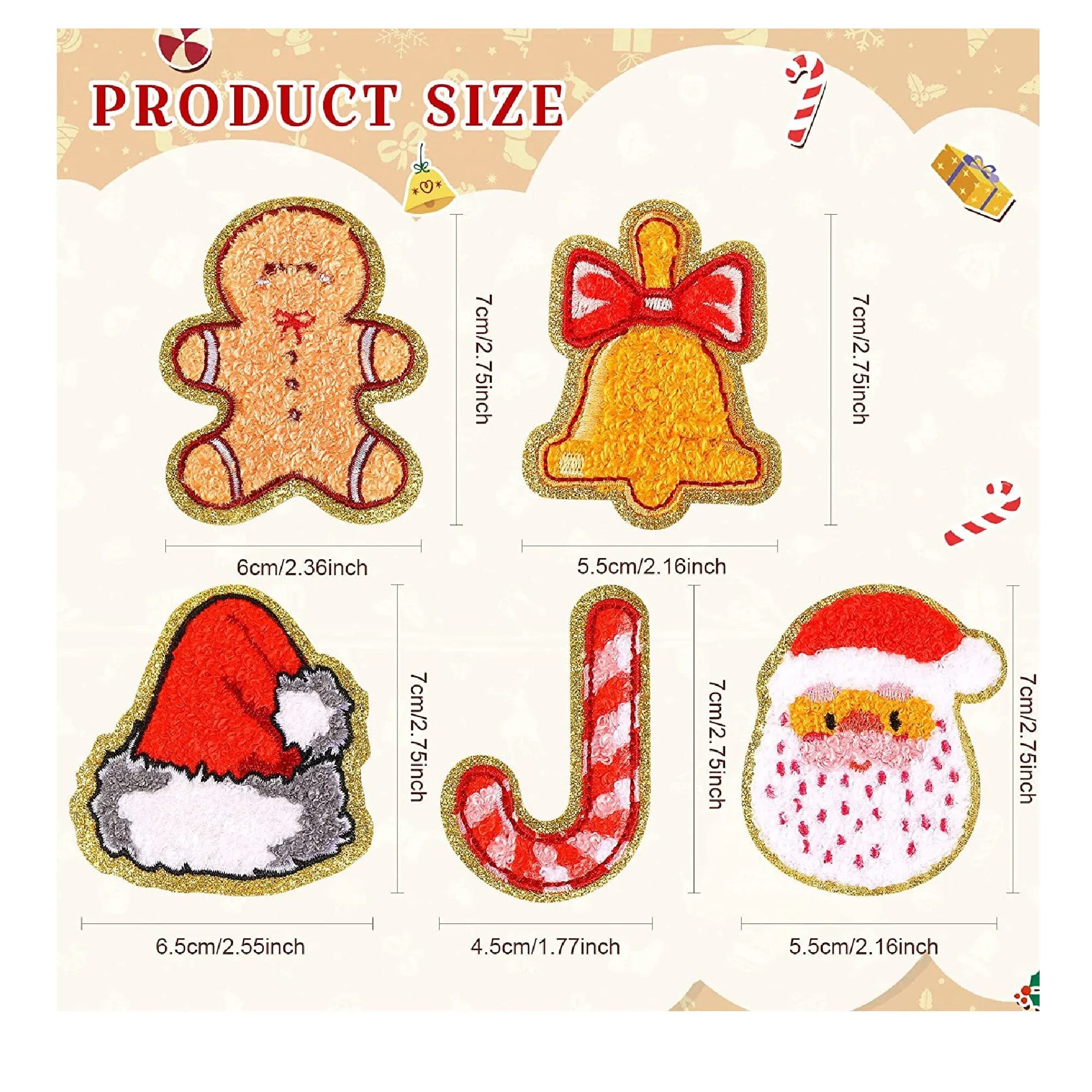 20 Christmas Santa Bell Iron On Patches | Candy Cane Cute Sew On Stickers | Washable Appliques For Crafts