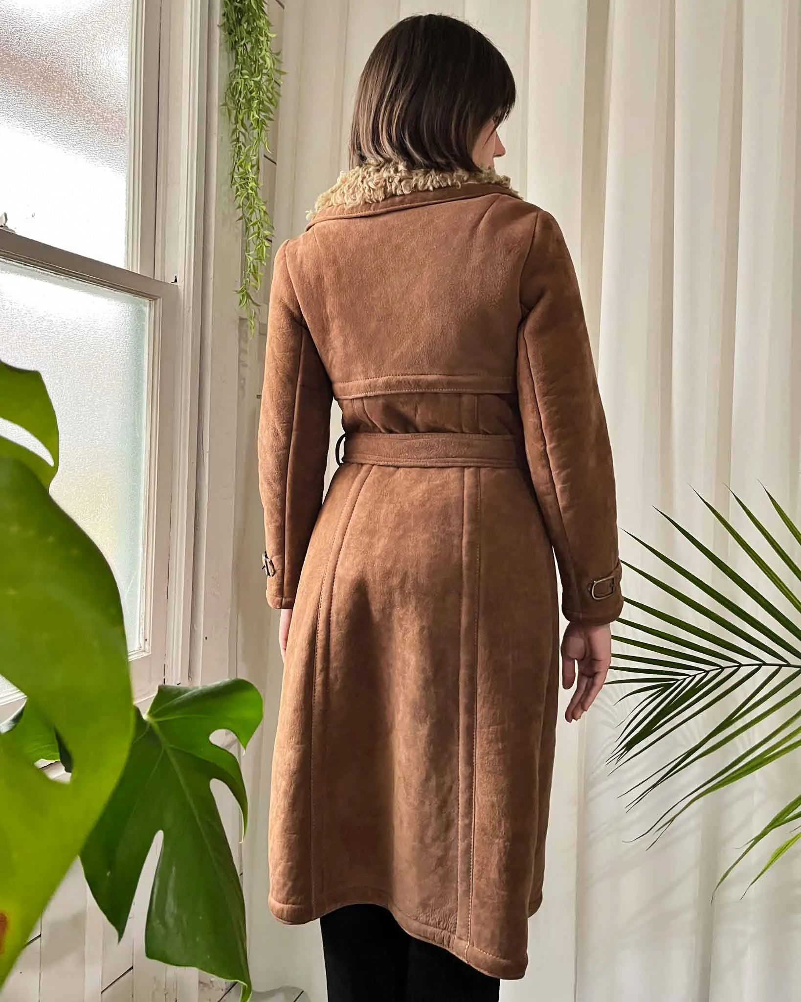 60s Belted Shearling Leather Coat | XS-S