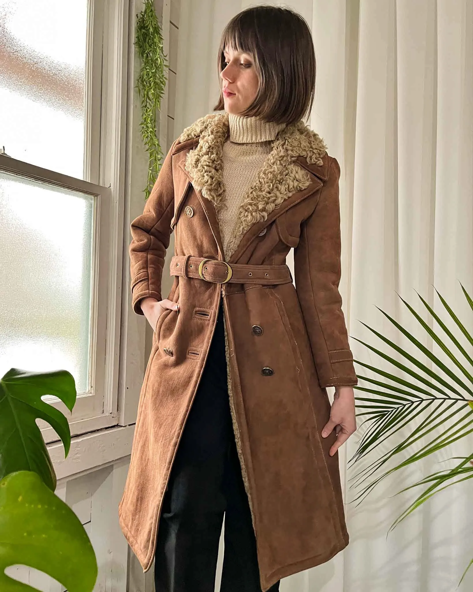 60s Belted Shearling Leather Coat | XS-S