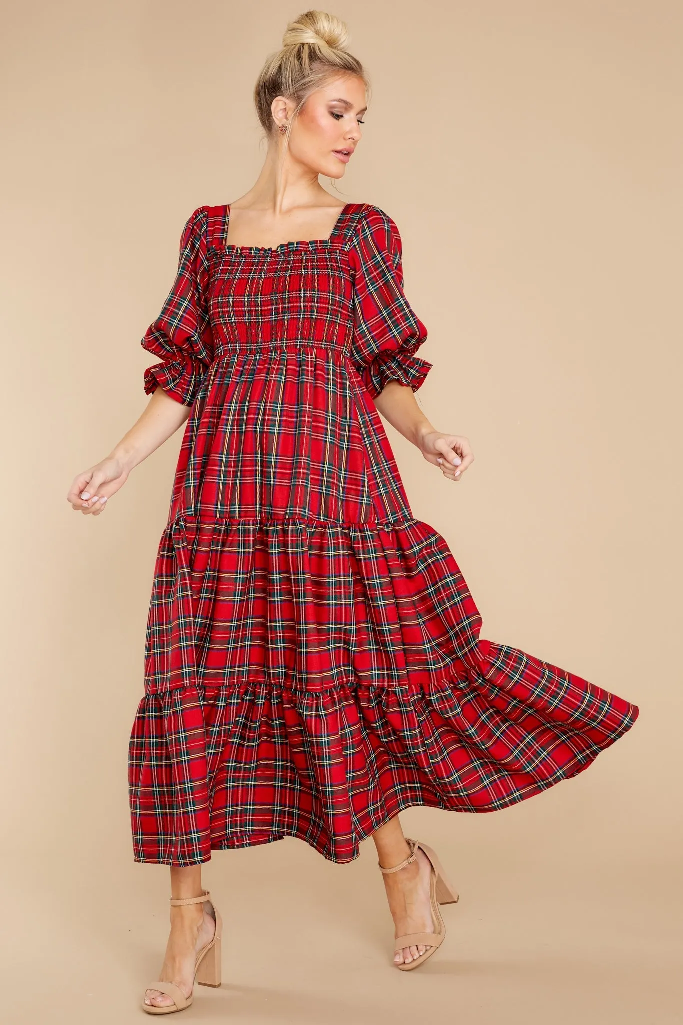 A Silent Wish Red Multi Plaid Maxi Dress