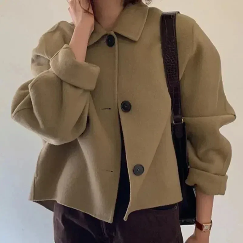 Aiertu Coat Women Wool Woolen Long Sleeve Overcoat Turn Down Collar Ladies Jacket Khaki Autumn Winter Short Woolen Top Korean