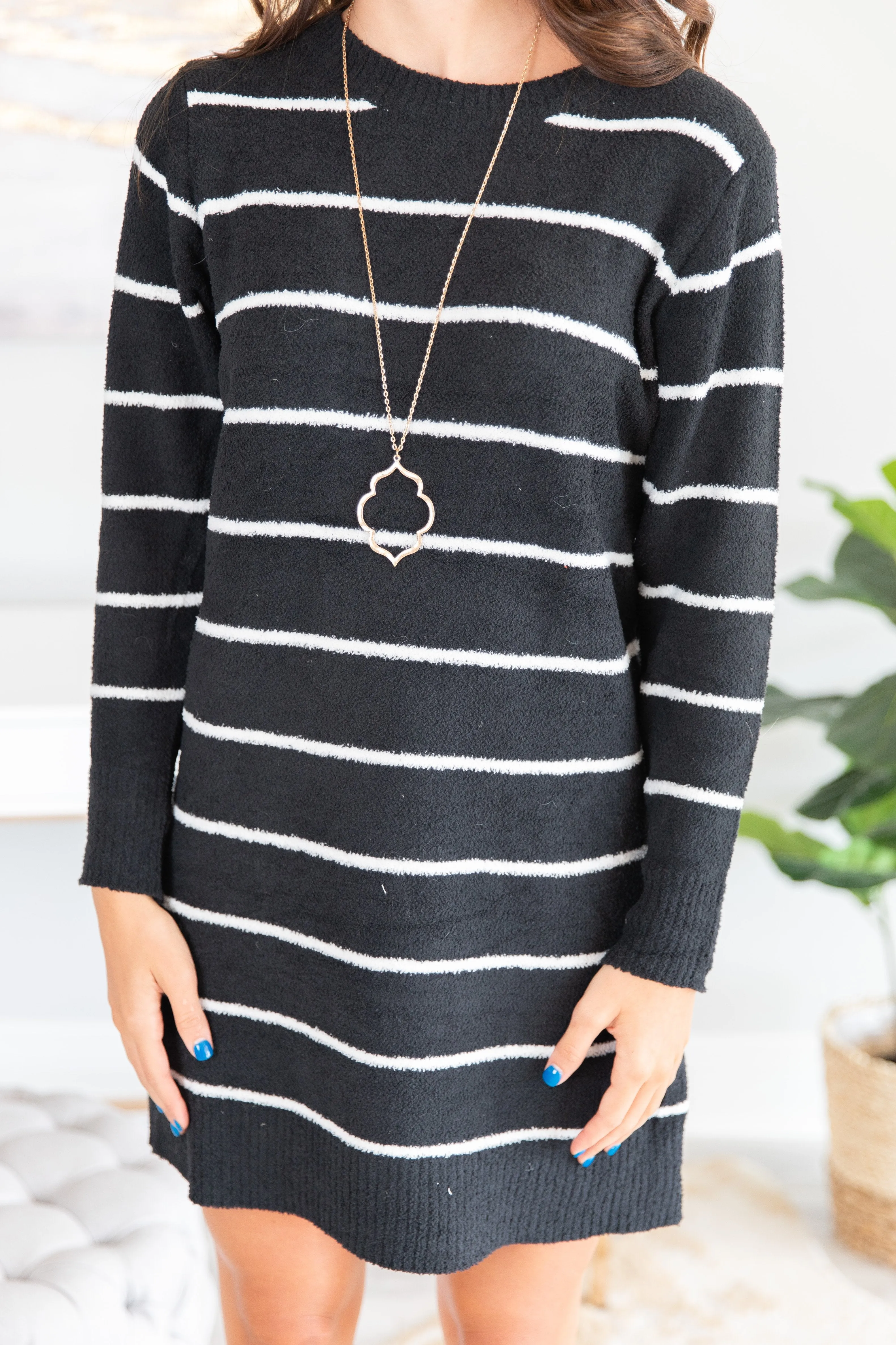 Answer The Call Black Striped Sweater Dress