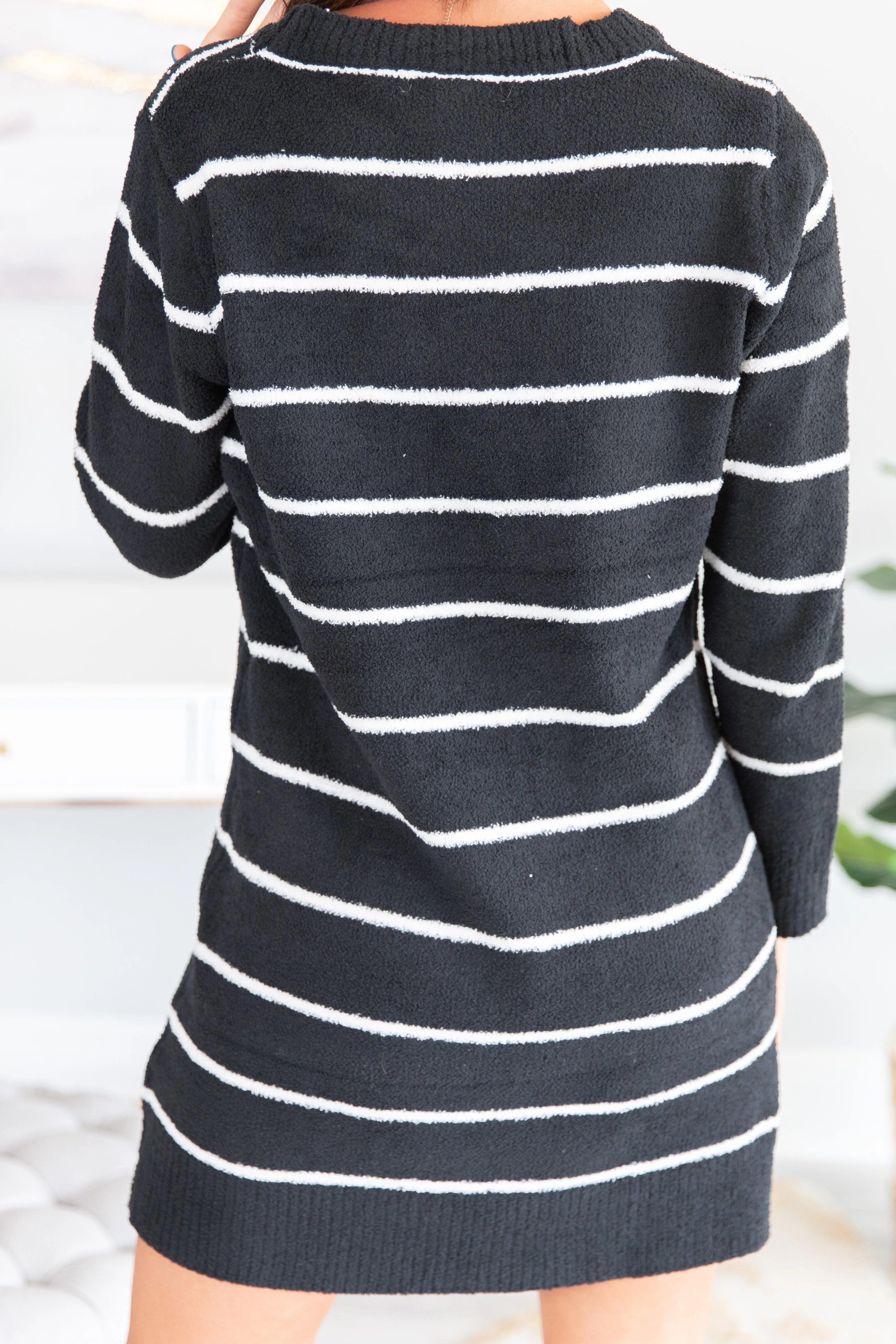 Answer The Call Black Striped Sweater Dress