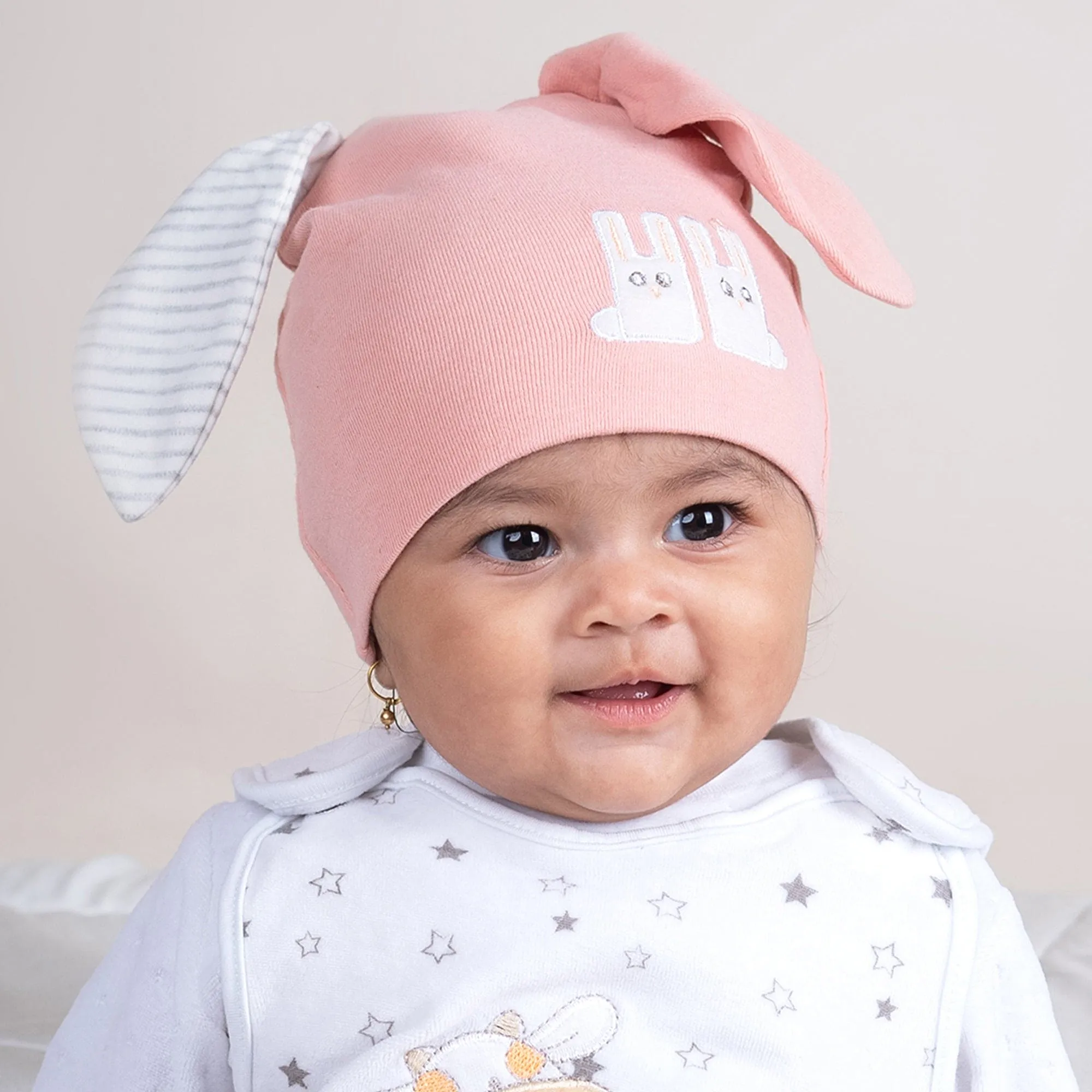 Baby Moo Big Bunny Ears All Season Stretchable Hosiery Warm 3D Beanie Cap - Peach