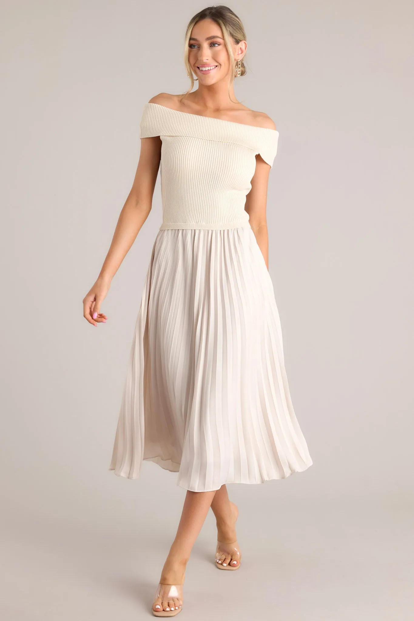 Beautiful Life Beige Pleated Midi Dress