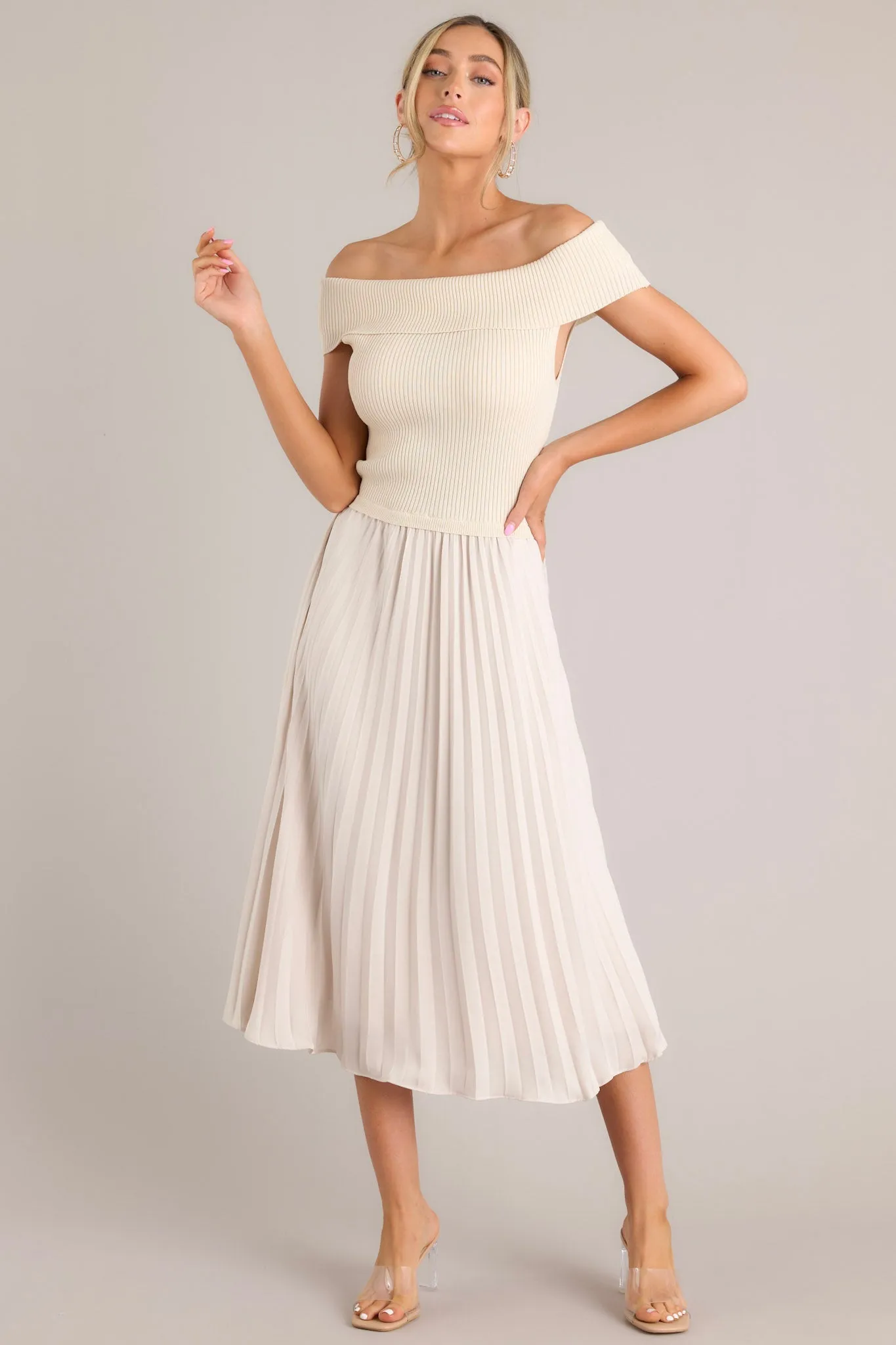 Beautiful Life Beige Pleated Midi Dress