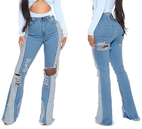 Bell Bottom Jeans for Women High Waist Ripped Hole Classic Denim Flare Pants Medium