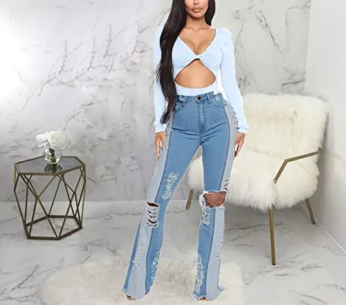 Bell Bottom Jeans for Women High Waist Ripped Hole Classic Denim Flare Pants Medium