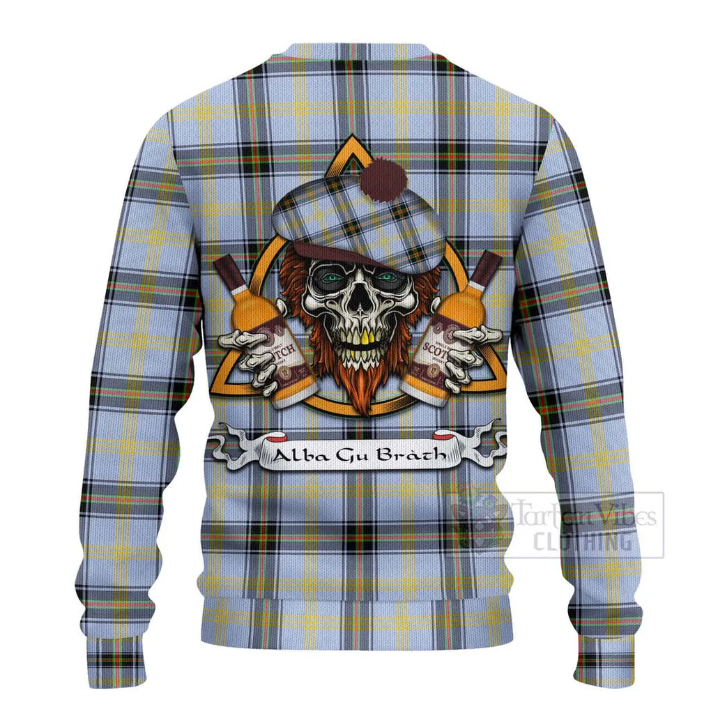 Bell Tartan Ugly Sweater with Family Crest and Bearded Skull Holding Bottles of Whiskey