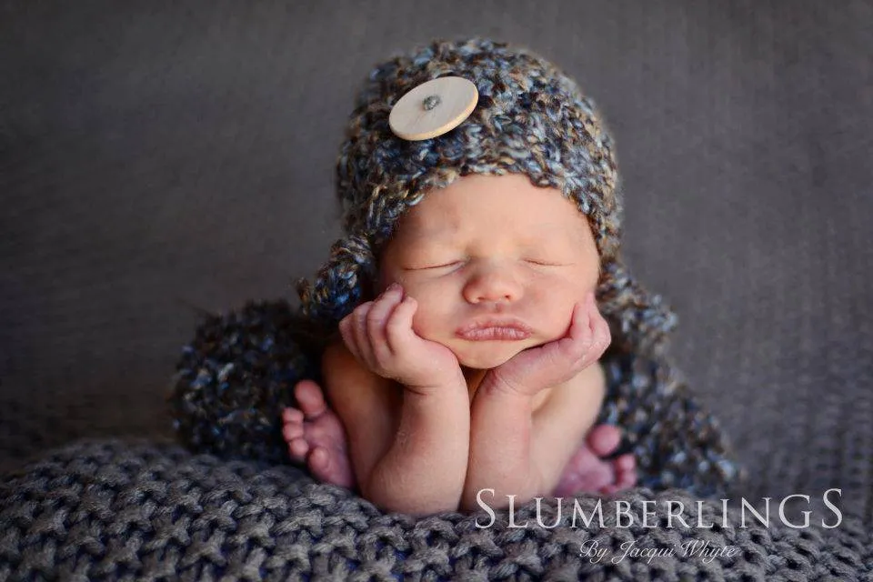 Big Button Newborn Pom Pom Hat Brown Blue