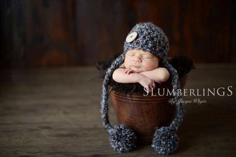 Big Button Newborn Pom Pom Hat Brown Blue