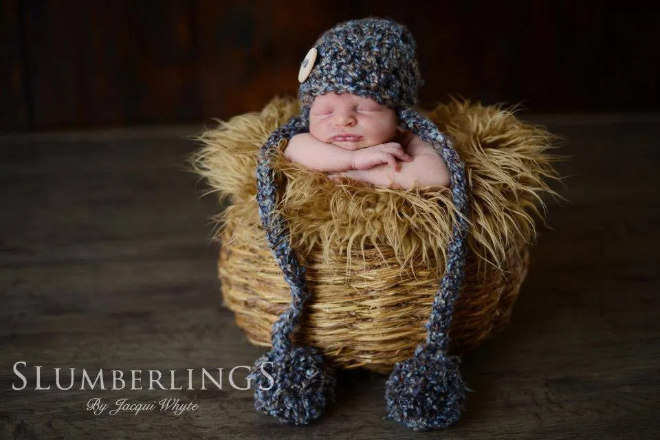 Big Button Newborn Pom Pom Hat Brown Blue