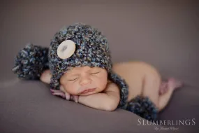 Big Button Newborn Pom Pom Hat Brown Blue