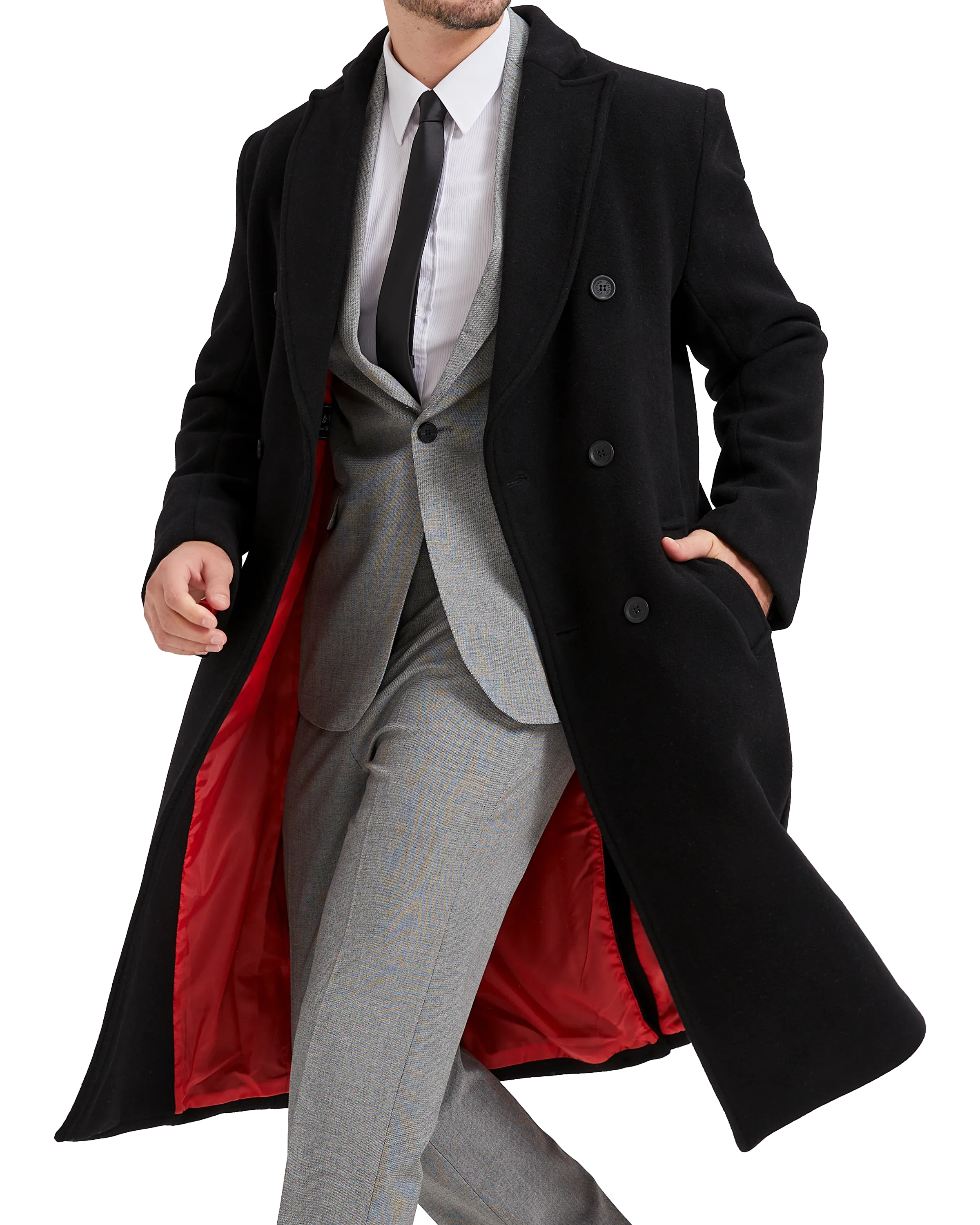 Black Double Breasted Wool Cashmere Long Overcoat Red Lining