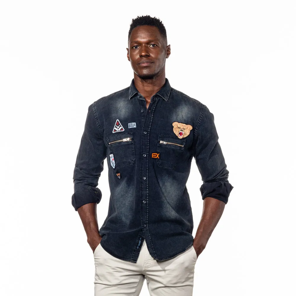 Black Grizzly Bear Denim Button Down Shirt