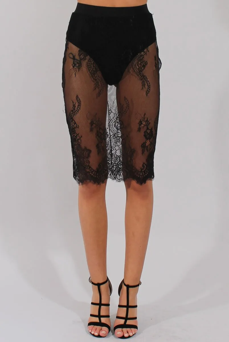 Black Lace Sheer Bodycon Skirt - Chloe