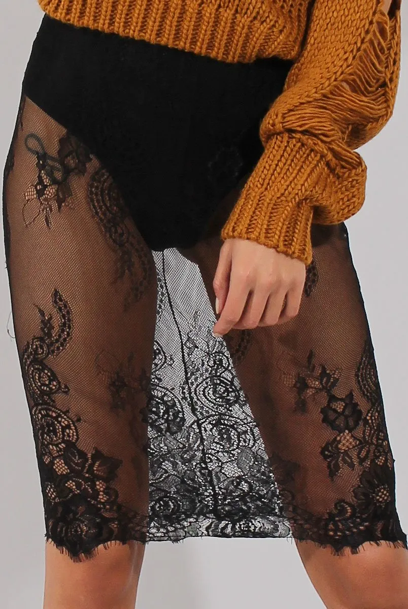 Black Lace Sheer Bodycon Skirt - Chloe