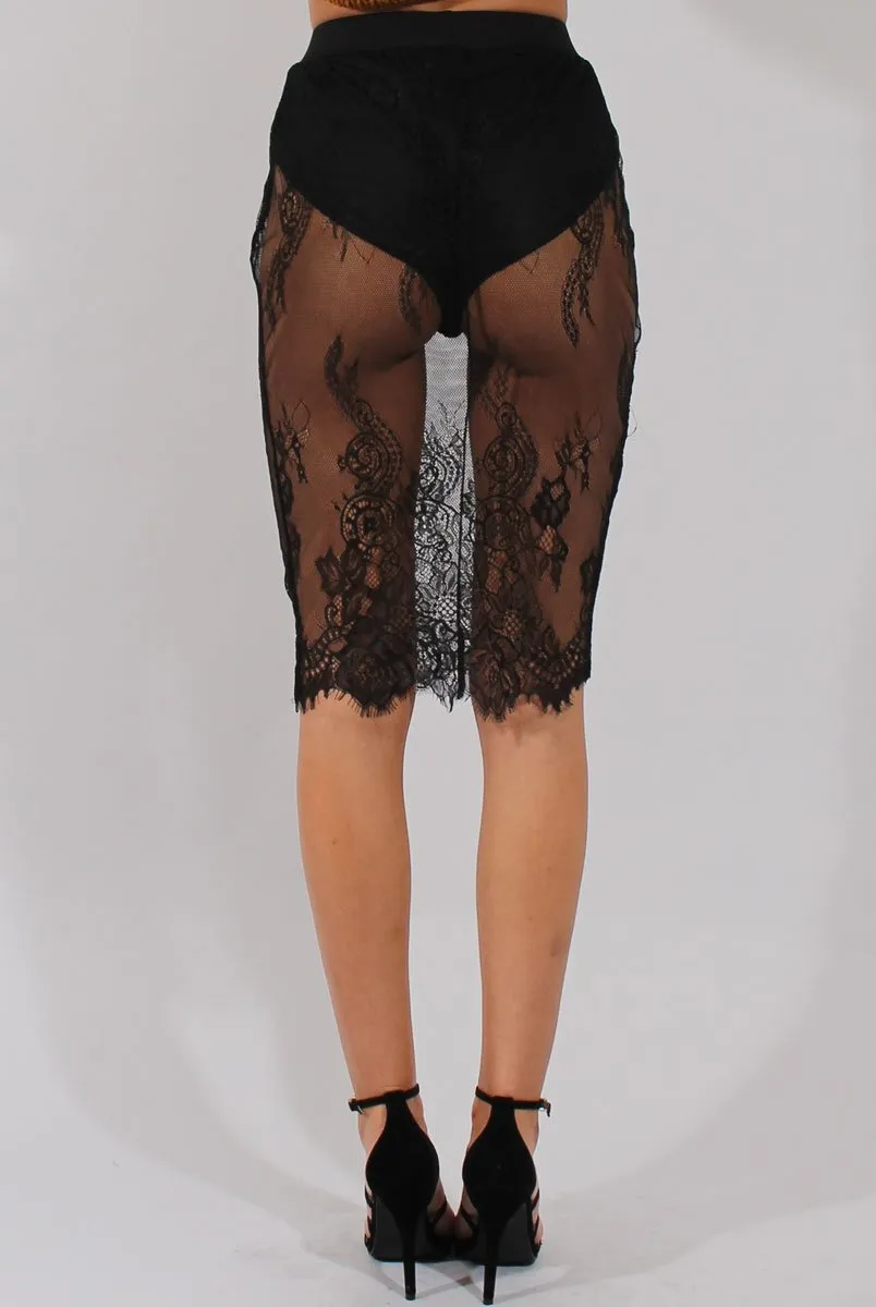 Black Lace Sheer Bodycon Skirt - Chloe