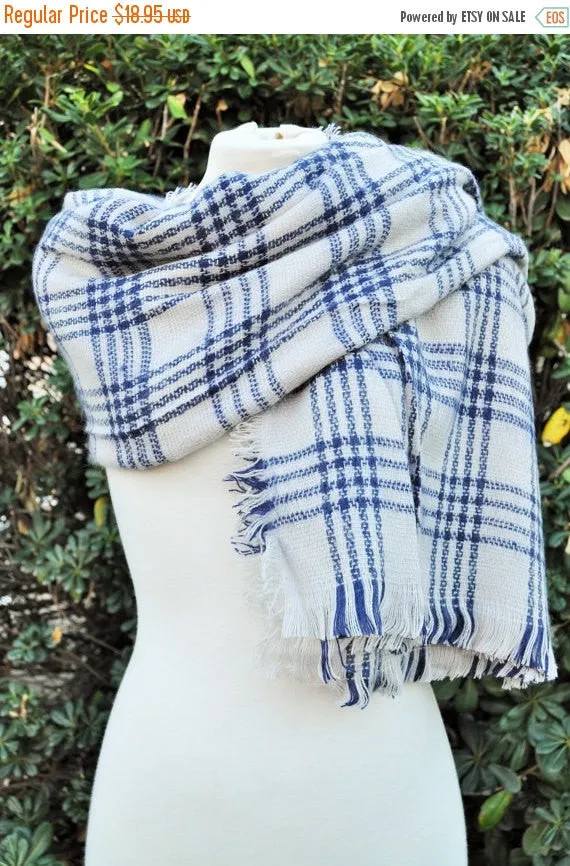 Blanket scarf, oversized scarf, plaid white and blue scarf, fashion scarf, monogrammed, plaid, gift, tartan blanket scarf