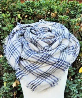 Blanket scarf, oversized scarf, plaid white and blue scarf, fashion scarf, monogrammed, plaid, gift, tartan blanket scarf