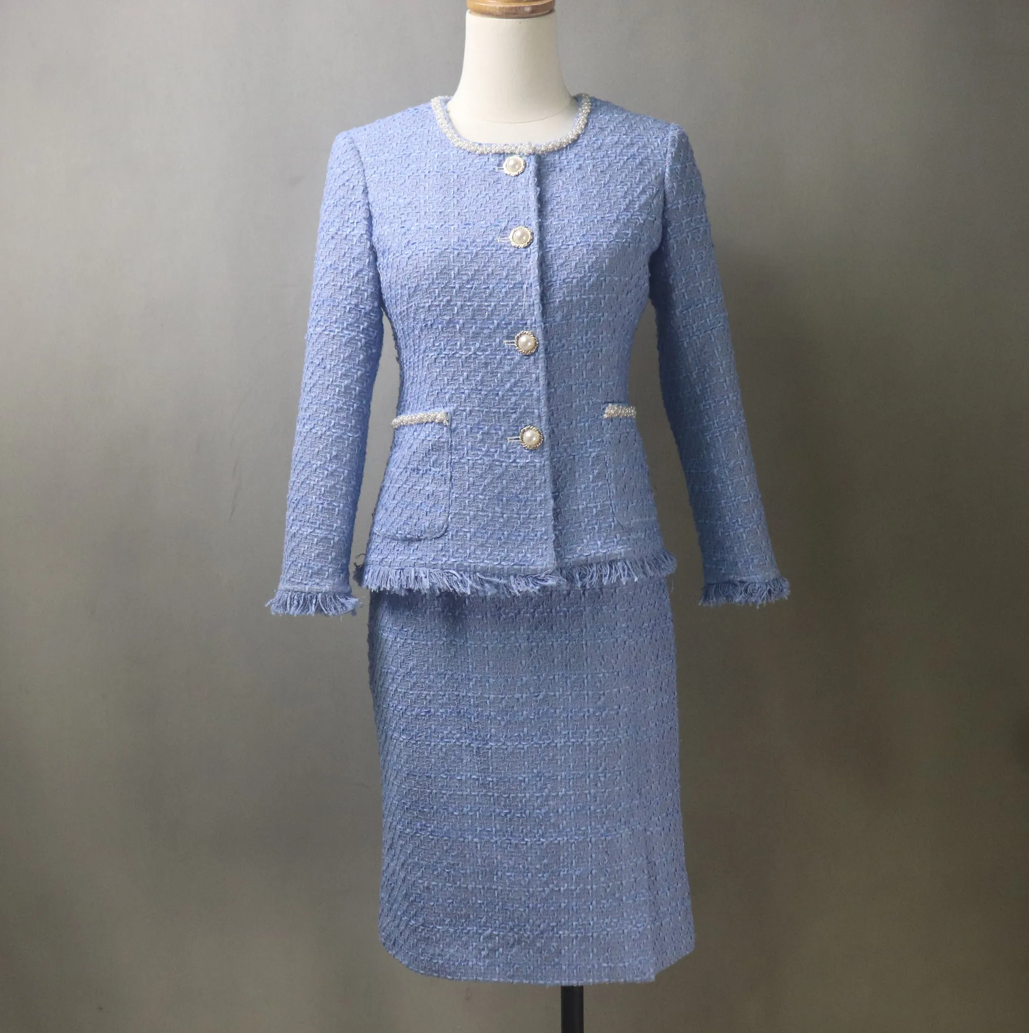 Blue Tweed Skirt Luxury Suit with Pearls