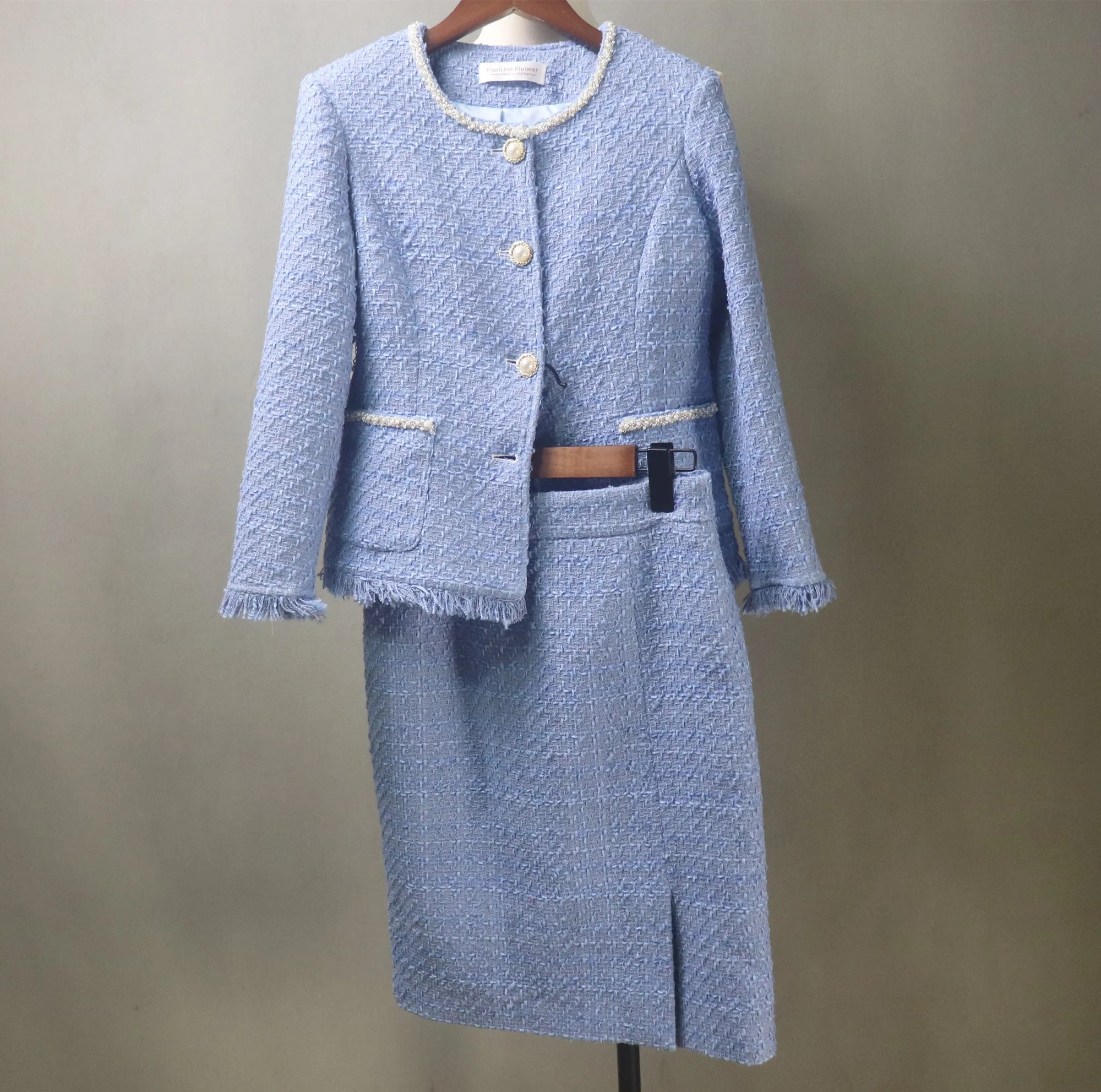 Blue Tweed Skirt Luxury Suit with Pearls