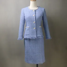 Blue Tweed Skirt Luxury Suit with Pearls