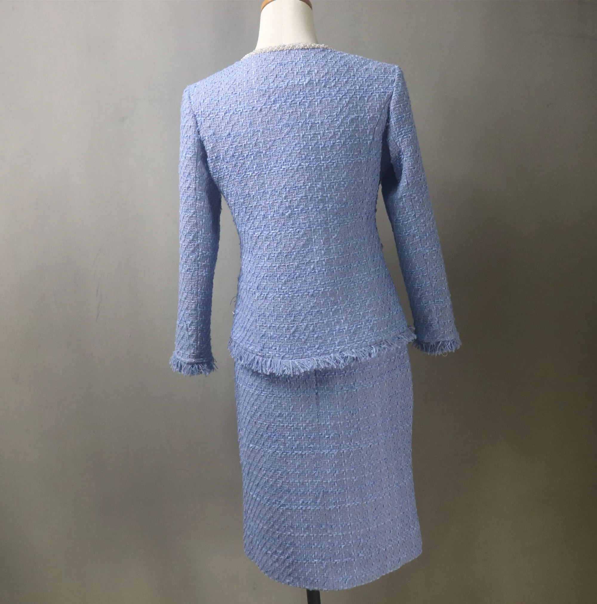 Blue Tweed Skirt Luxury Suit with Pearls