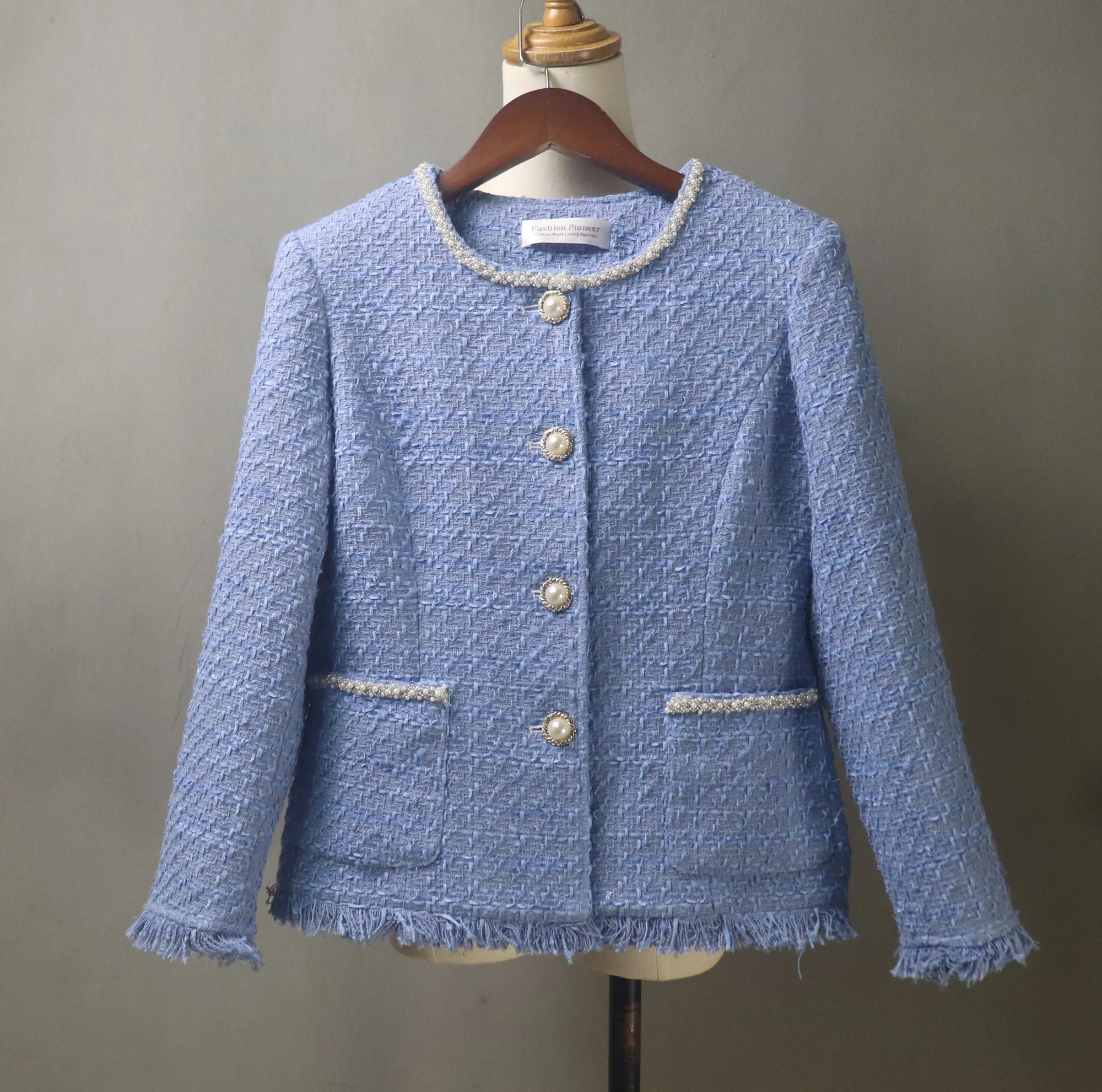 Blue Tweed Skirt Luxury Suit with Pearls