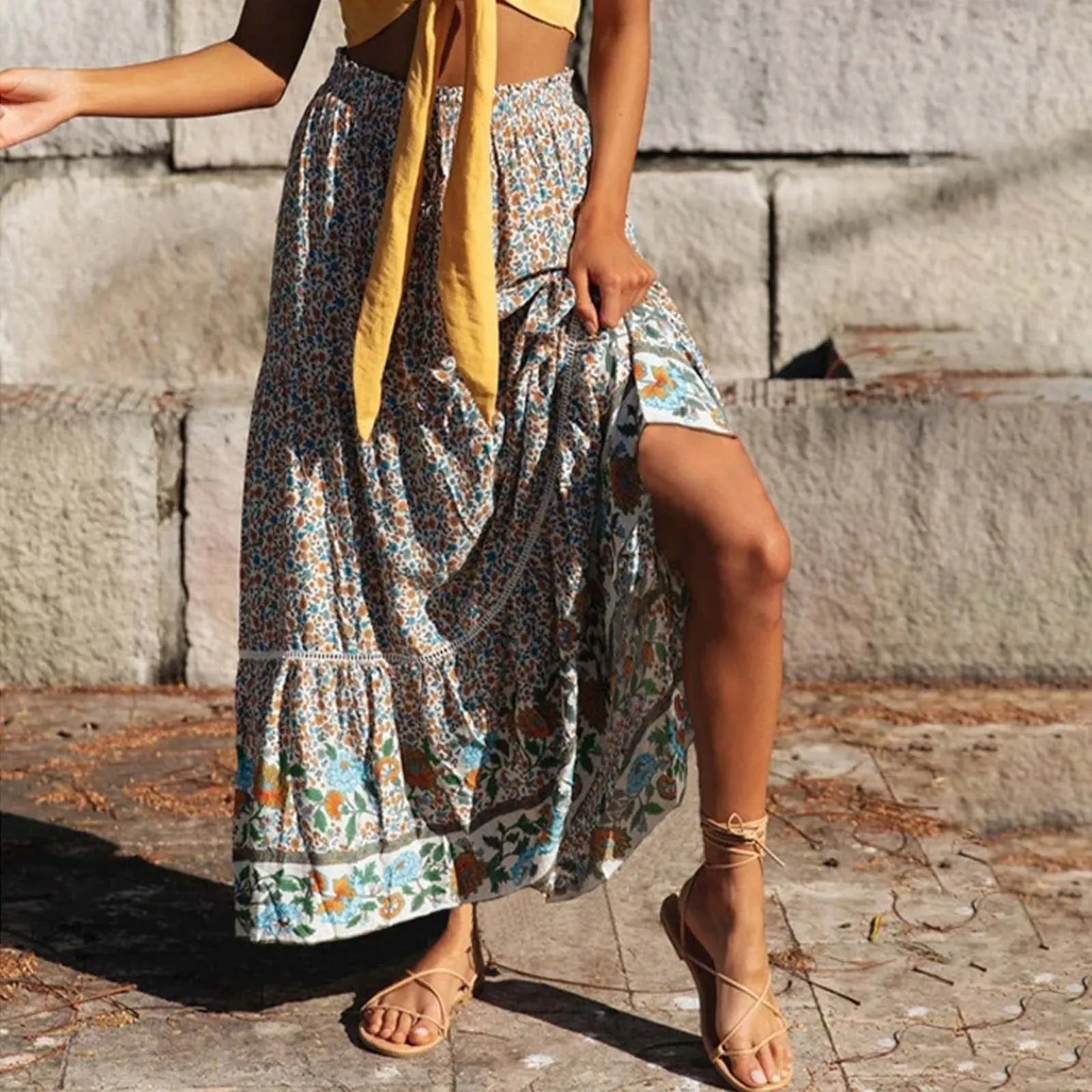 Bohemian Floral Print High Waist Maxi Skirt