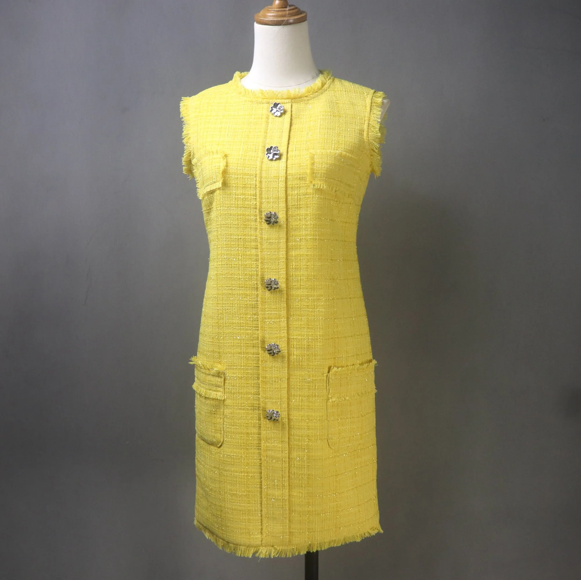 Bright Yellow Tweed Mini/Midi Dress – Custom Made Plus Size / Sleeveless / Short Sleeves