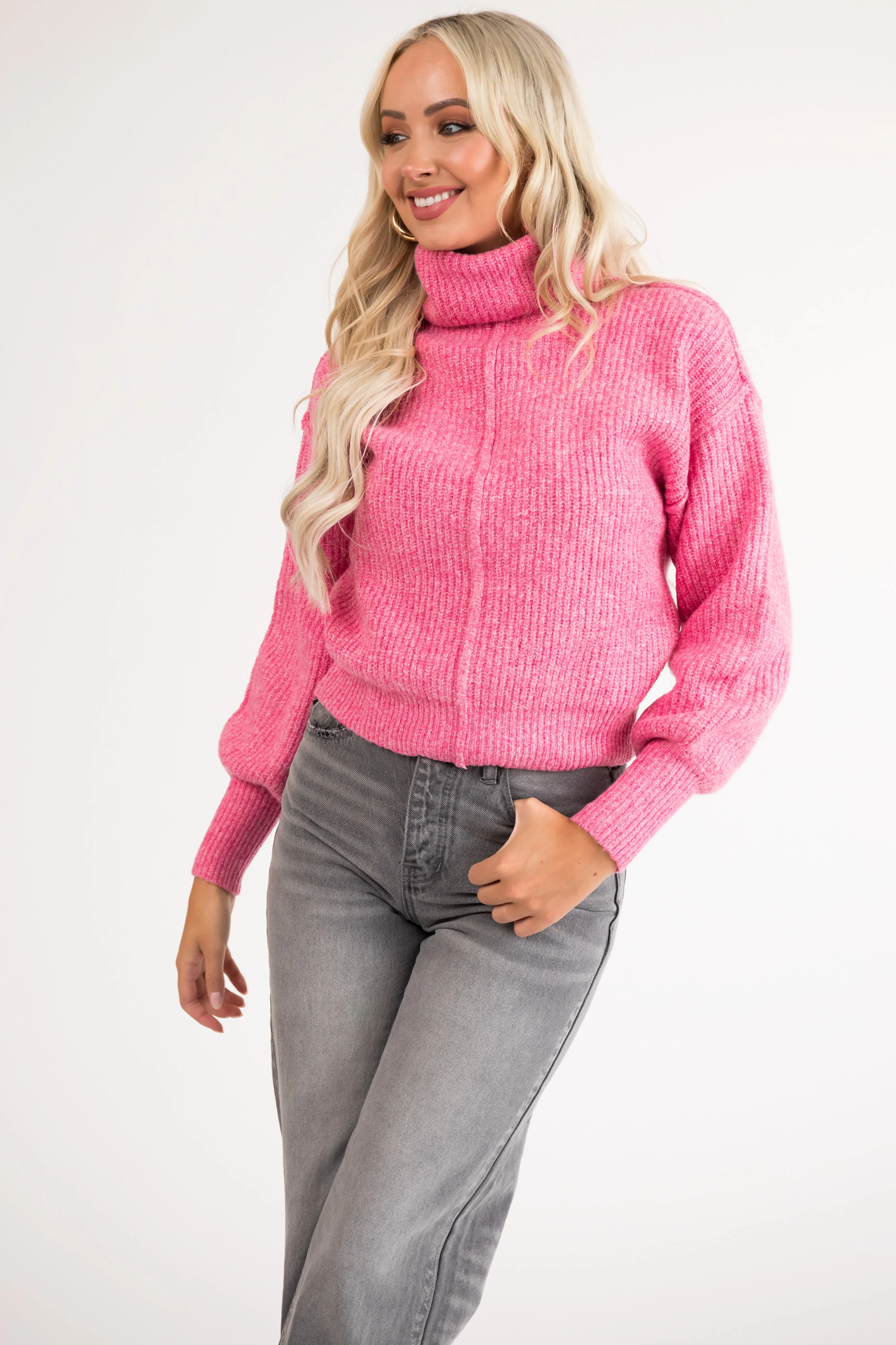 Bubblegum Turtleneck Bubble Sleeve Sweater