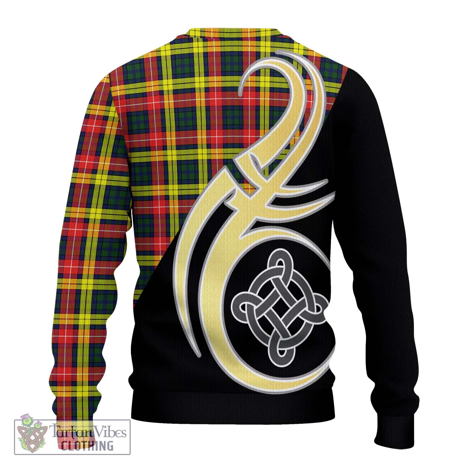 Buchanan Modern Tartan Ugly Sweater with Family Crest and Celtic Symbol Style