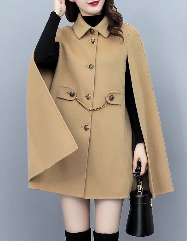 Cape coat Women, wool poncho jacket, wool cloak coat, wool shawl winter coat, black buttoned coat(Y1205)