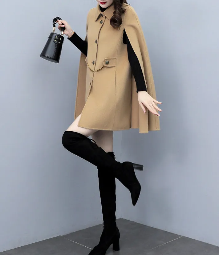 Cape coat Women, wool poncho jacket, wool cloak coat, wool shawl winter coat, black buttoned coat(Y1205)