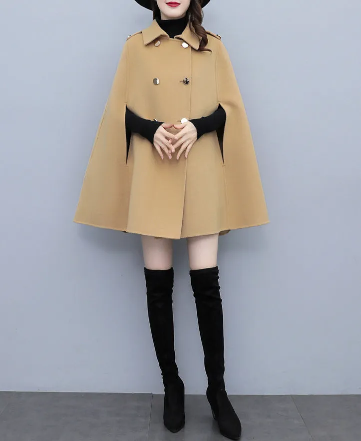 Cape coat Women, wool poncho jacket, wool cloak coat, wool shawl winter coat, double breasted buttoned coat(Y1105)