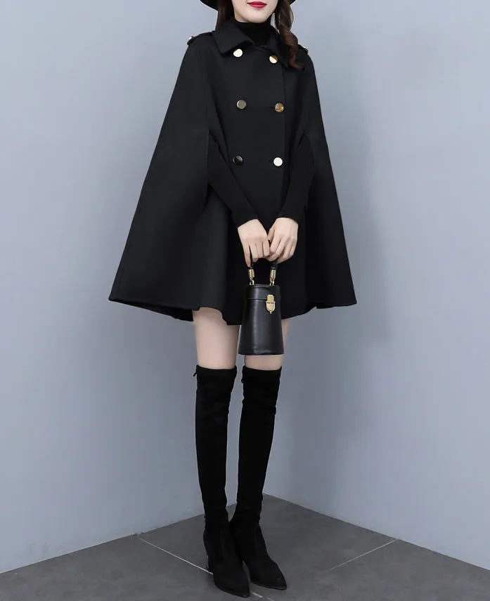 Cape coat Women, wool poncho jacket, wool cloak coat, wool shawl winter coat, double breasted buttoned coat(Y1105)