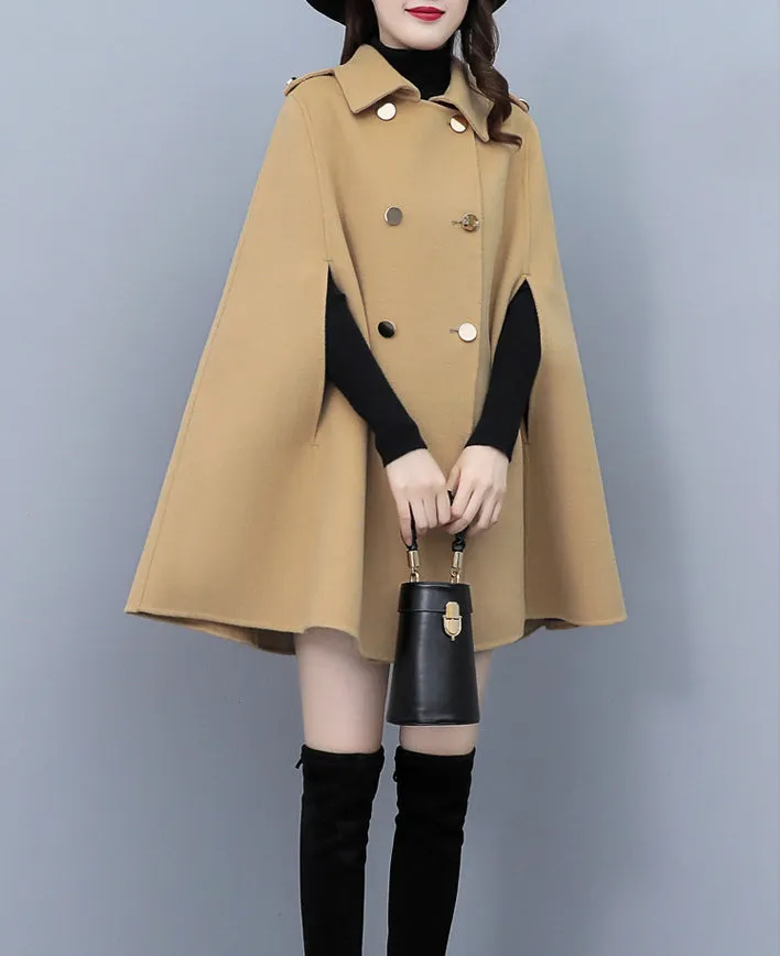 Cape coat Women, wool poncho jacket, wool cloak coat, wool shawl winter coat, double breasted buttoned coat(Y1105)