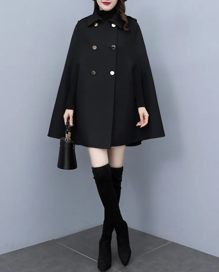 Cape coat Women, wool poncho jacket, wool cloak coat, wool shawl winter coat, double breasted buttoned coat(Y1105)