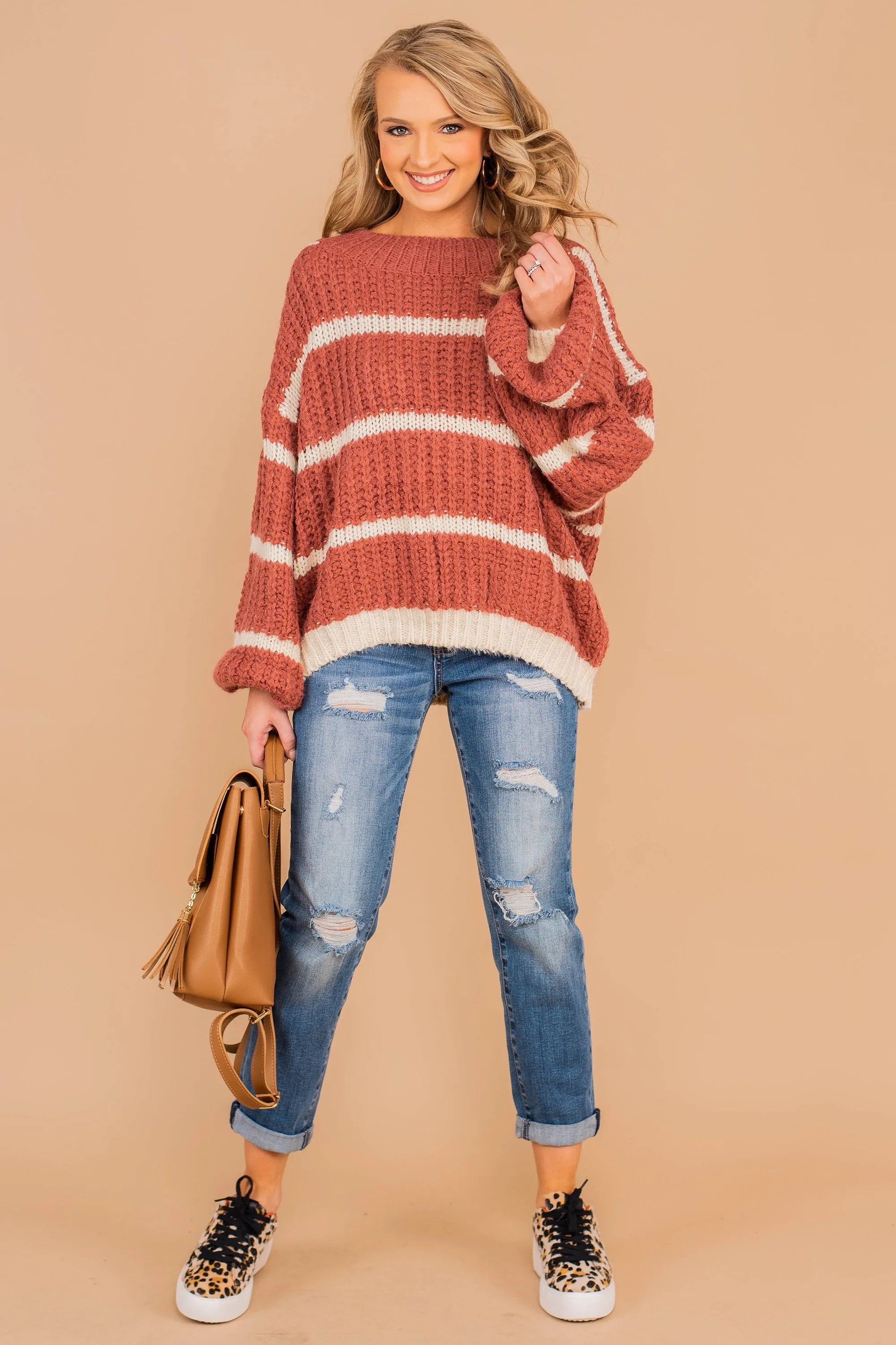 Casual Mood Wine Red Striped Sweater