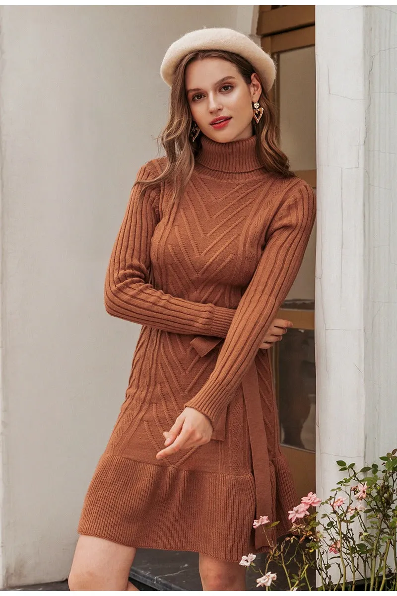 Casual Turtleneck Knitted Winter Long Sleeve Lace Up Elegant Style Sweater Dress