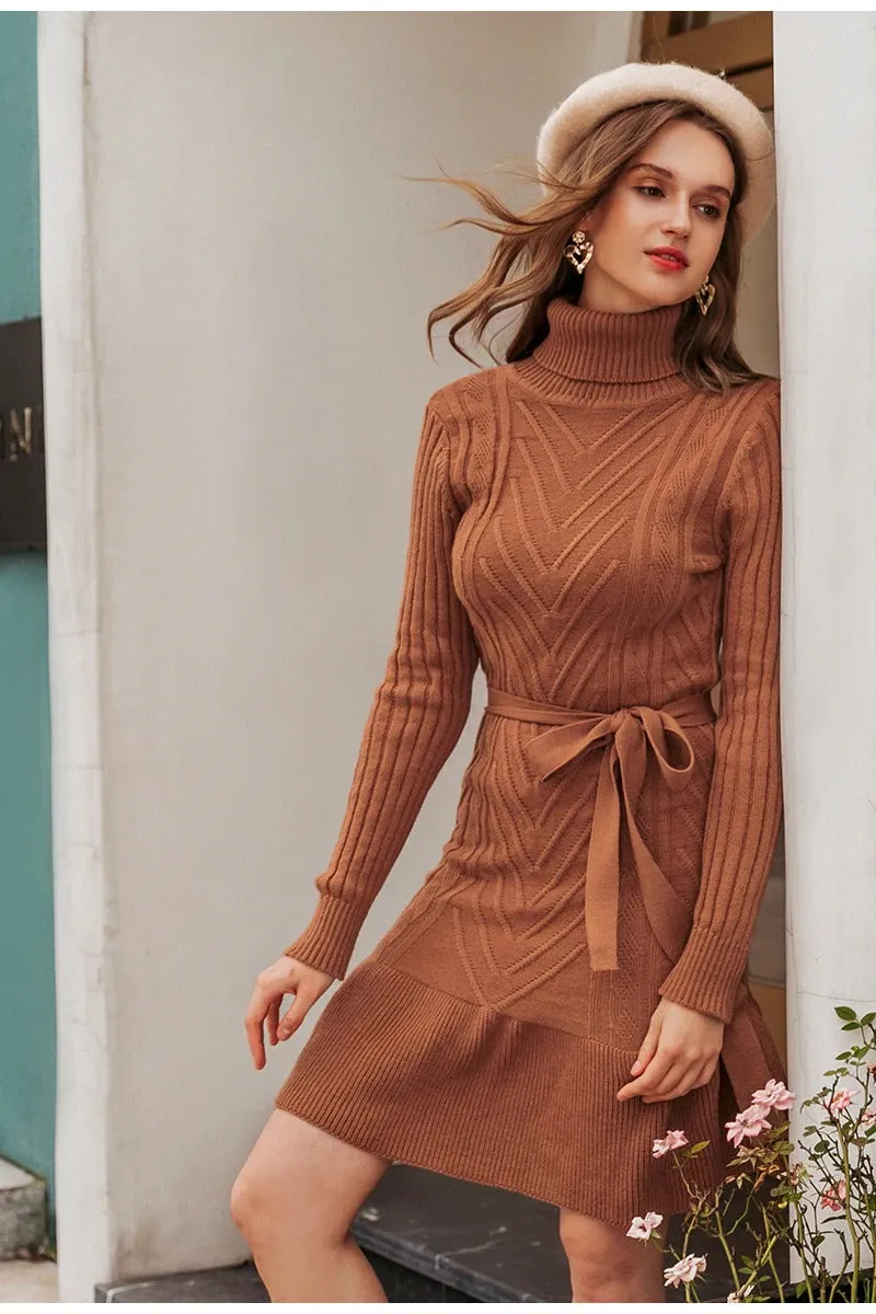 Casual Turtleneck Knitted Winter Long Sleeve Lace Up Elegant Style Sweater Dress