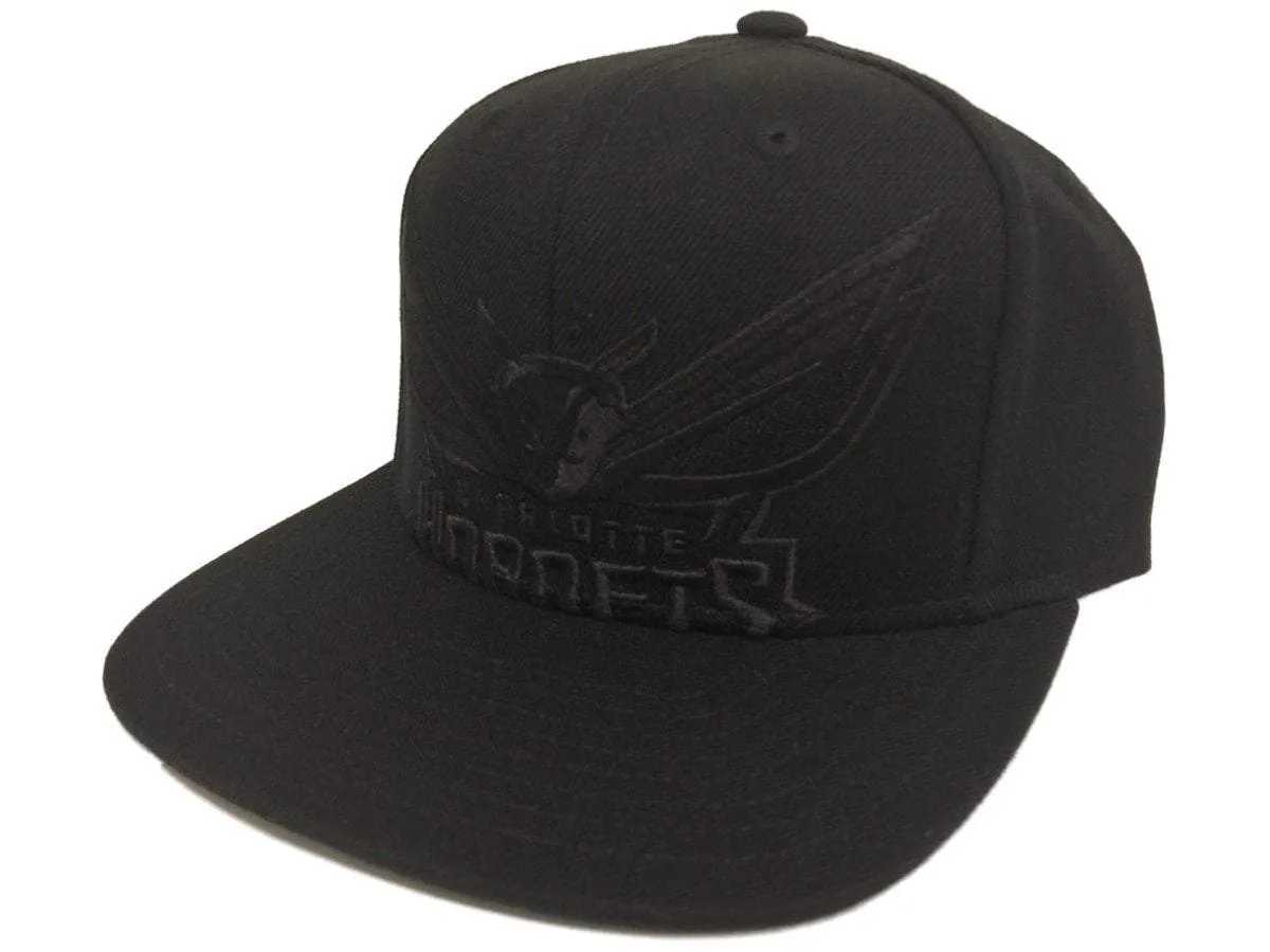 Charlotte Hornets Mitchell & Ness All Black Flat Bill Snapback Adjust Hat Cap