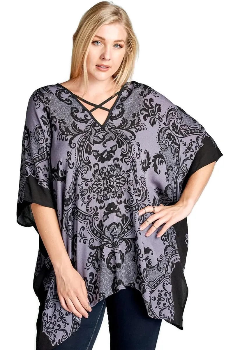 Damask Bohemian Tunic, Black & Purple